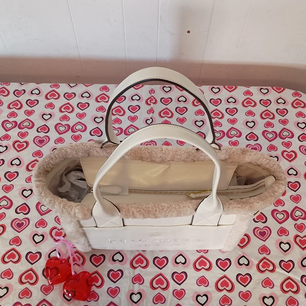 SOLD- NWT Kate Spade Meringue Cream White Jett Shearling Trim Large Tote Purse - Picture 3 of 16